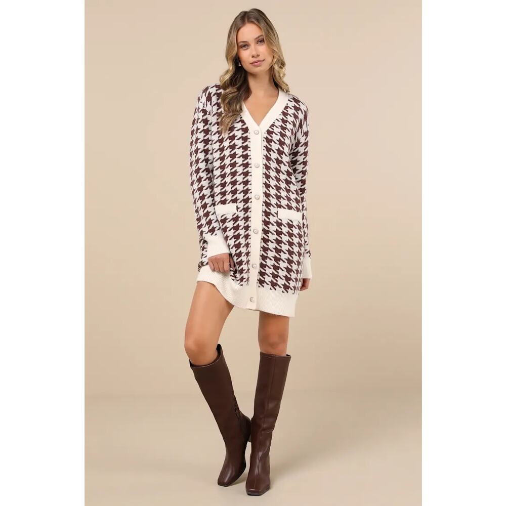 Lulus x LUSH Truly Iconic Ivory and Brown Houndstooth Cardigan Sweater Dress